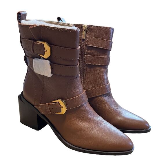 Vince Camuto Leather Buckle Mid-Shaft Zip Boots Kempreea Cocoa Biscuit 9.5 NIB - Picture 4 of 12